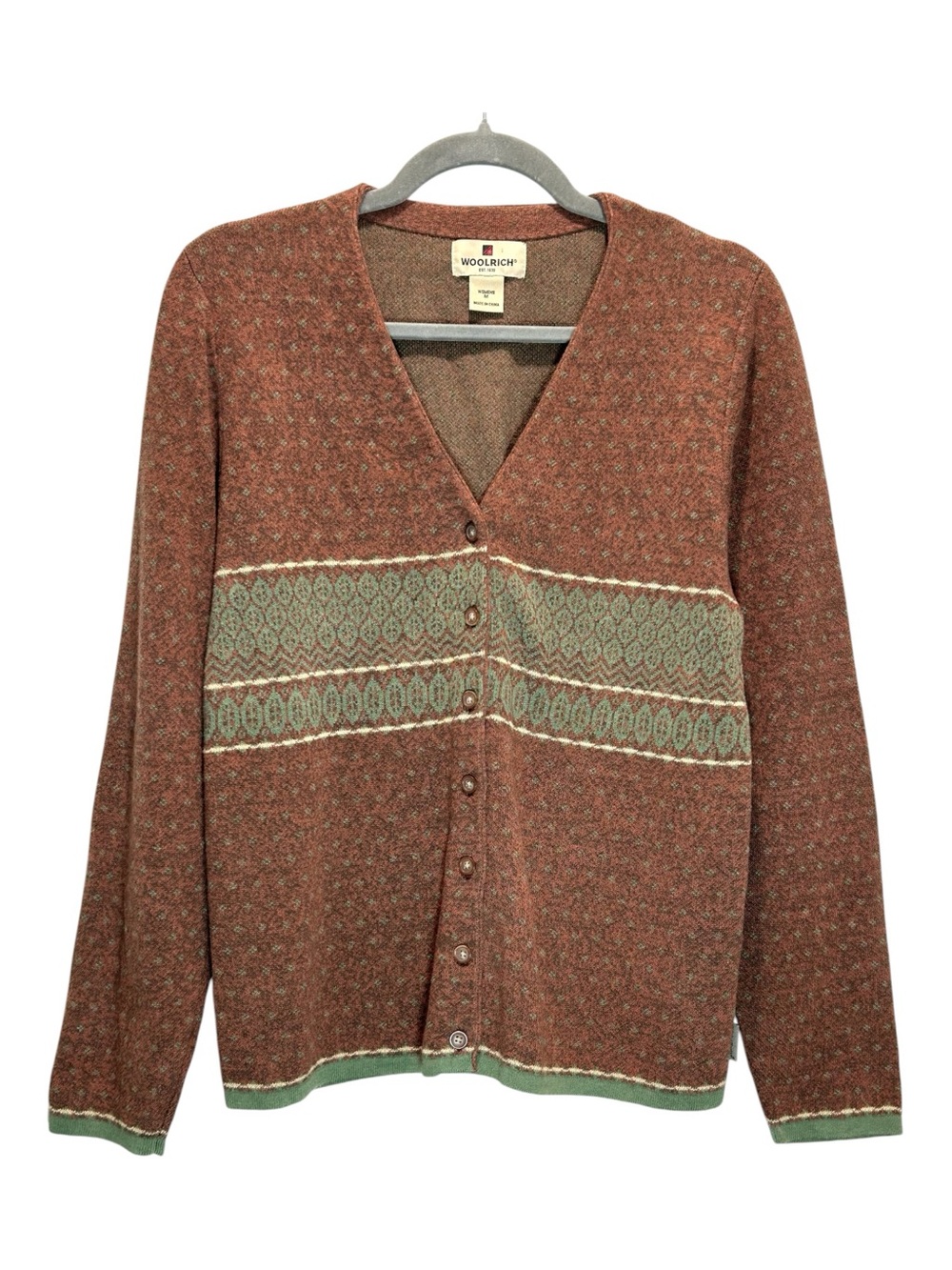 VTG Woolrich Rust & Sage Green Cotton & Ramie Cardigan Knit Sweater - Large